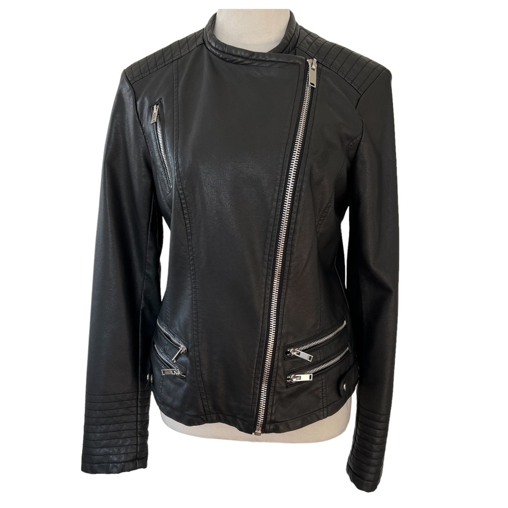 a.n.a Black Leather Jacket with Quilted Shoulders